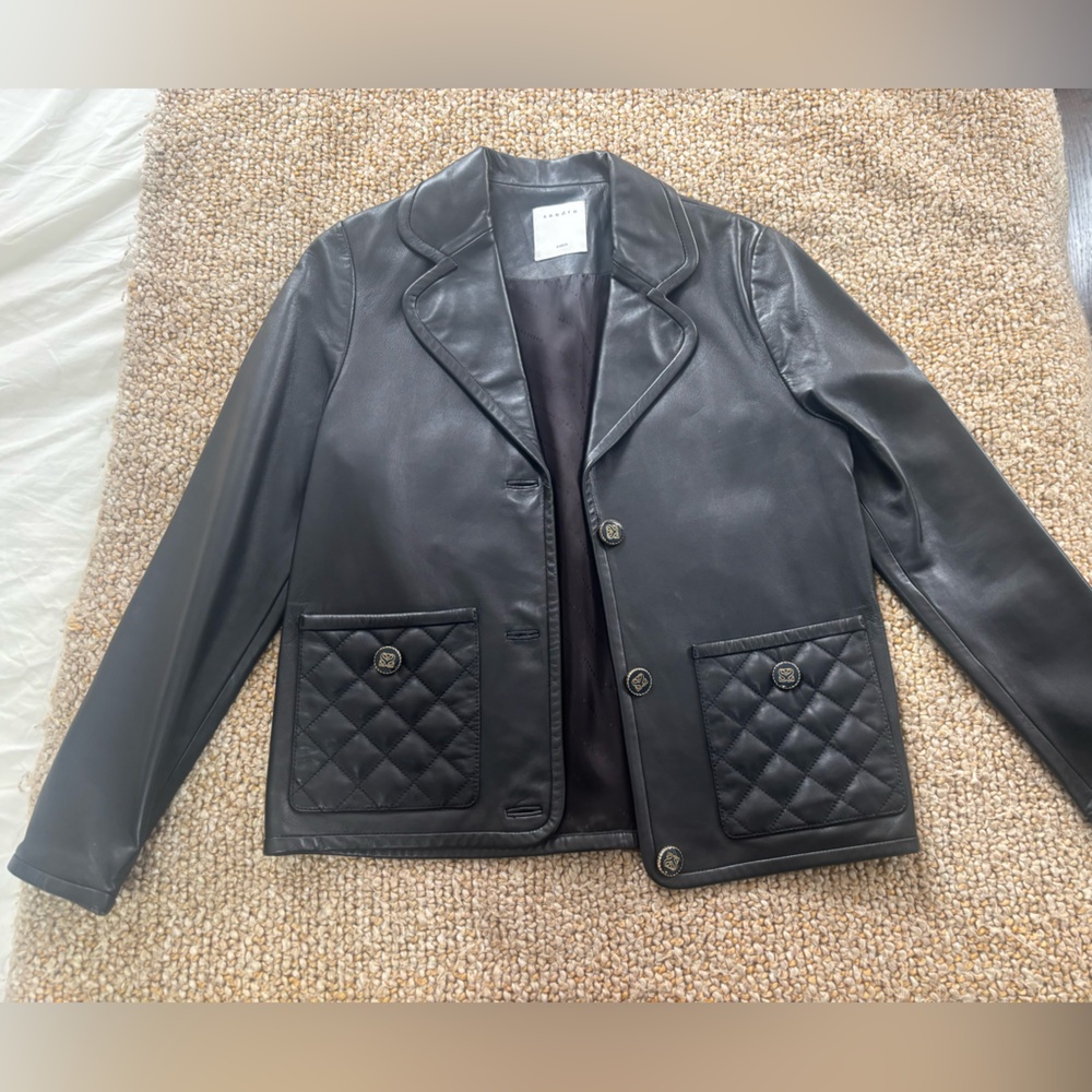 Sandro Black Quilted Pocket Leather Blazer